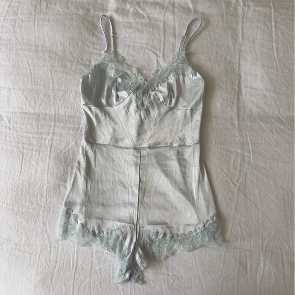 Skims satin lace trim light blue romper - Picture 2 of 5